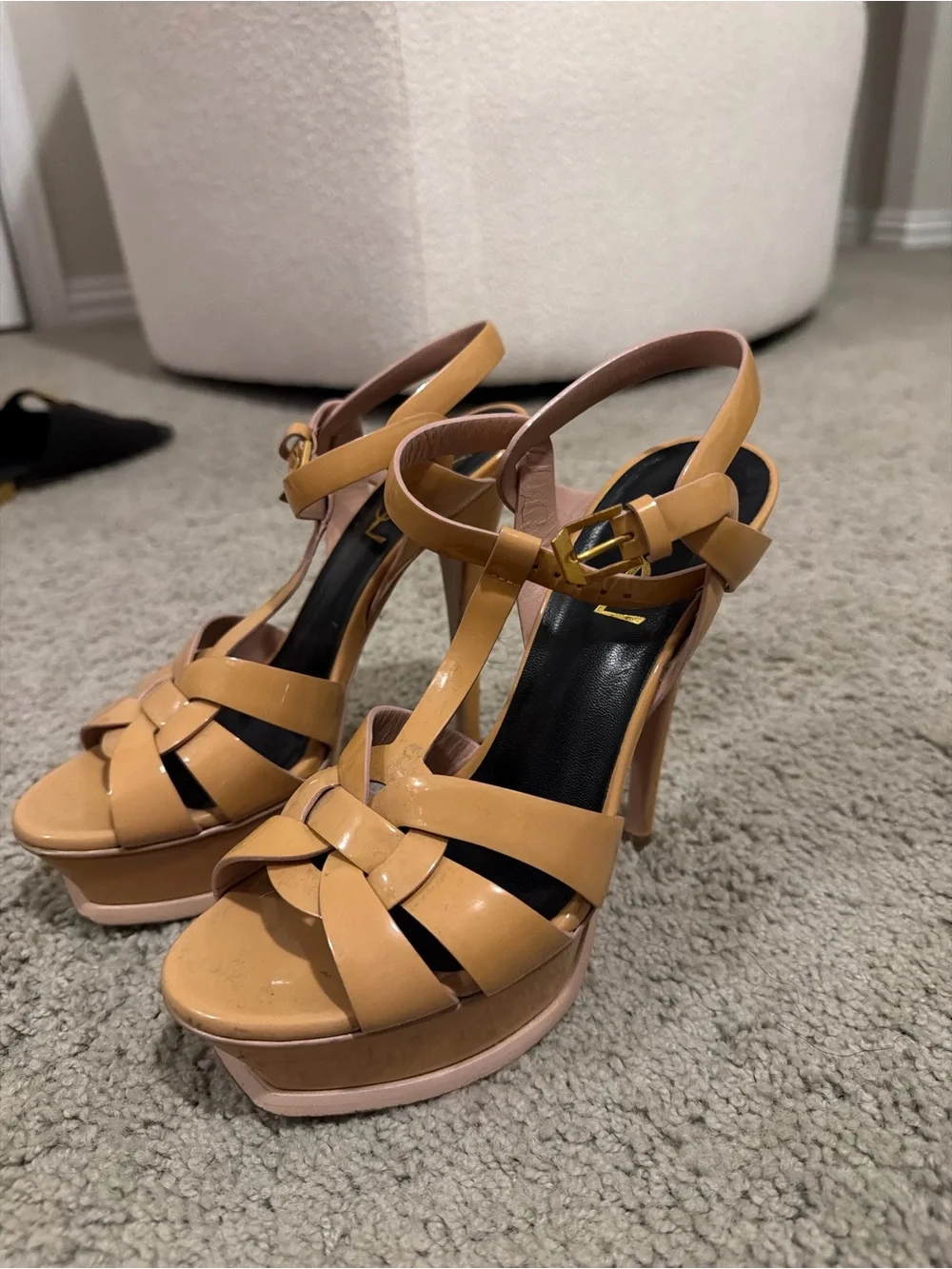 Yves Saint Laurent Tan Leather Woven Slingback Heels